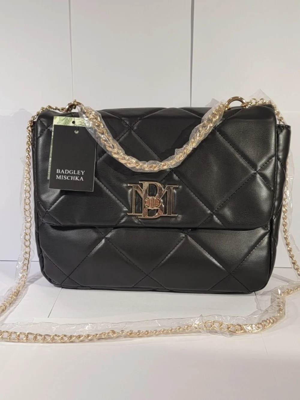 Badgley Mischka BM-4176 Black Quilted Chain Crossbody Bag NWT